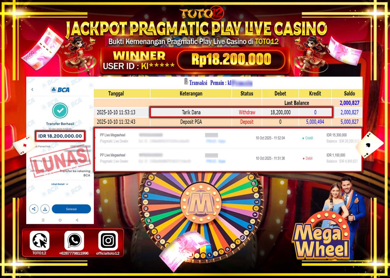 HANYA DI TOTO12 JP PASTI DI BAYAR LUNAS DAN CEPAT!!!!!! JACKPOT PRAGMATIC PLAY LIVE CASINO (MEGA WHEEL) Rp.18.200.000 !!!!