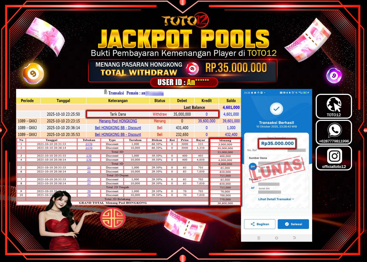 HANYA DI TOTO12 JP PASTI DI BAYAR LUNAS DAN CEPAT!!!!!! JACKPOT POOLS PASARAN (HONGKONG) Rp.35.000.000 !!!!