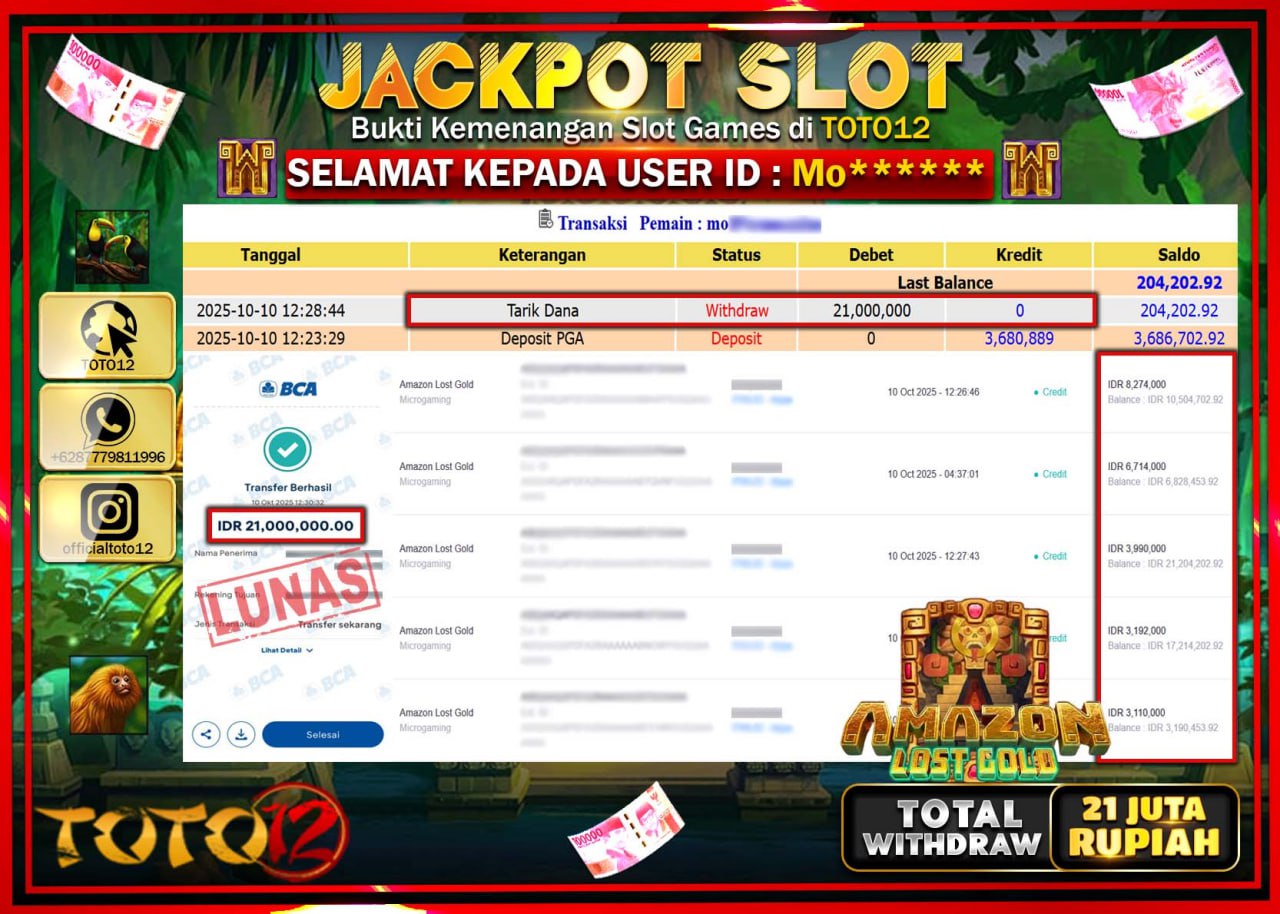 HANYA DI TOTO12 JP PASTI DI BAYAR LUNAS DAN CEPAT!!!!!! JACKPOT SLOT GAME (AMAZON LOST GOLD) Rp.21.000.000 !!!!