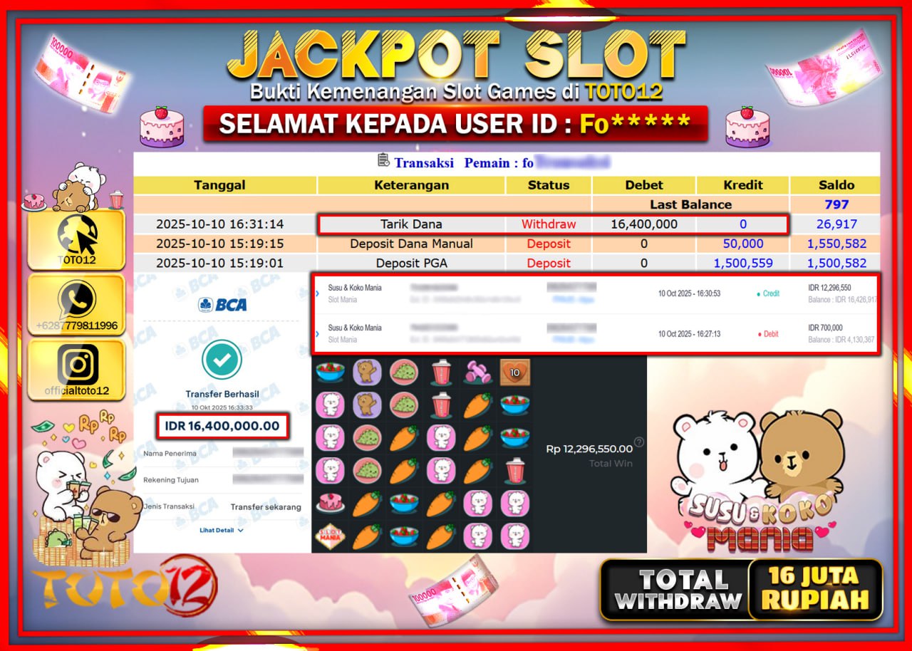 HANYA DI TOTO12 JP PASTI DI BAYAR LUNAS DAN CEPAT!!!!!! JACKPOT SLOT GAME (SUSU & KOKO MANIA) Rp.16.400.000 !!!!