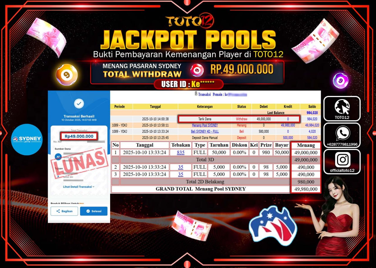 HANYA DI TOTO12 JP PASTI DI BAYAR LUNAS DAN CEPAT!!!!!! JACKPOT POOLS PASARAN (SYDNEY) Rp.49.000.000 !!!!