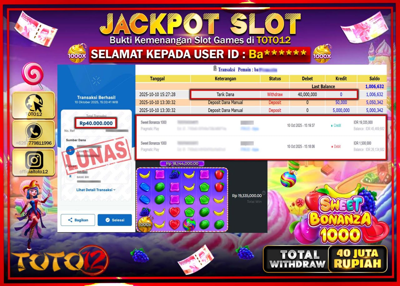 HANYA DI TOTO12 JP PASTI DI BAYAR LUNAS DAN CEPAT!!!!!! JACKPOT SLOT GAME (SWEET BONANZA 1000) Rp.40.000.000 !!!!