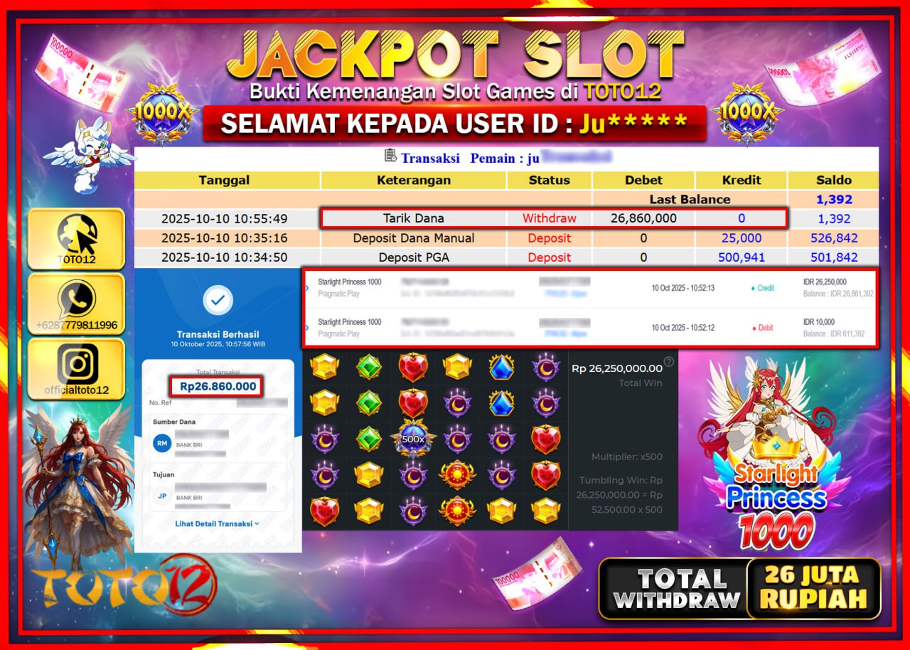 HANYA DI TOTO12 JP PASTI DI BAYAR LUNAS DAN CEPAT!!!!!! JACKPOT SLOT GAME (STARLIGHT PRINCESS 1000) Rp.26.860.000 !!!!