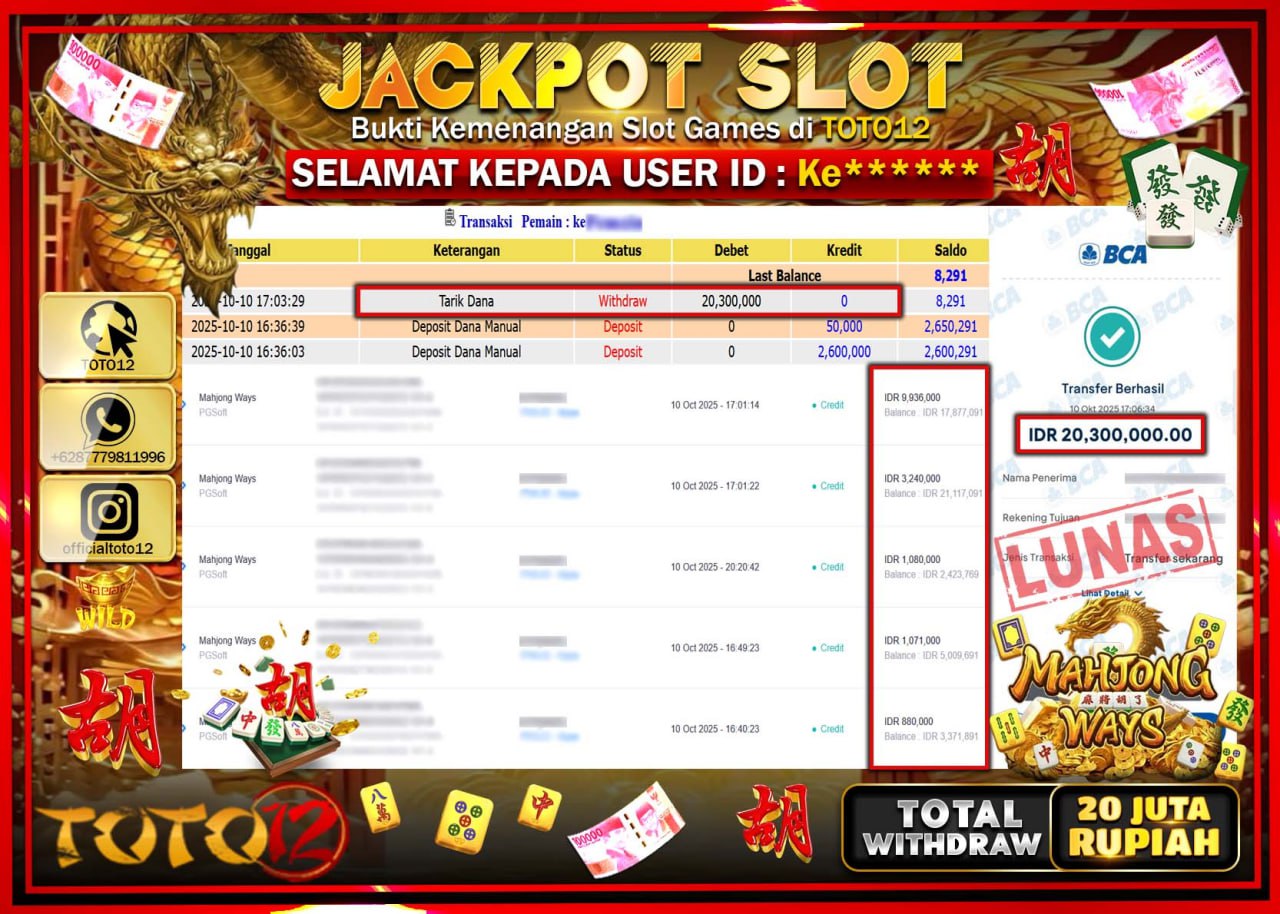 HANYA DI TOTO12 JP PASTI DI BAYAR LUNAS DAN CEPAT!!!!!! JACKPOT SLOT GAME (MAHJONG WAYS) Rp.20.300.000 !!!!