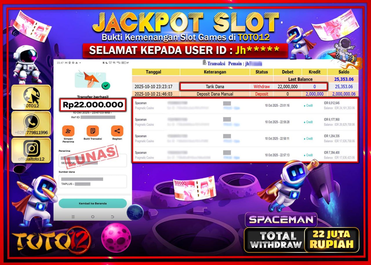 HANYA DI TOTO12 JP PASTI DI BAYAR LUNAS DAN CEPAT!!!!!! JACKPOT SLOT GAME (SPACEMAN) Rp.22.000.000 !!!!