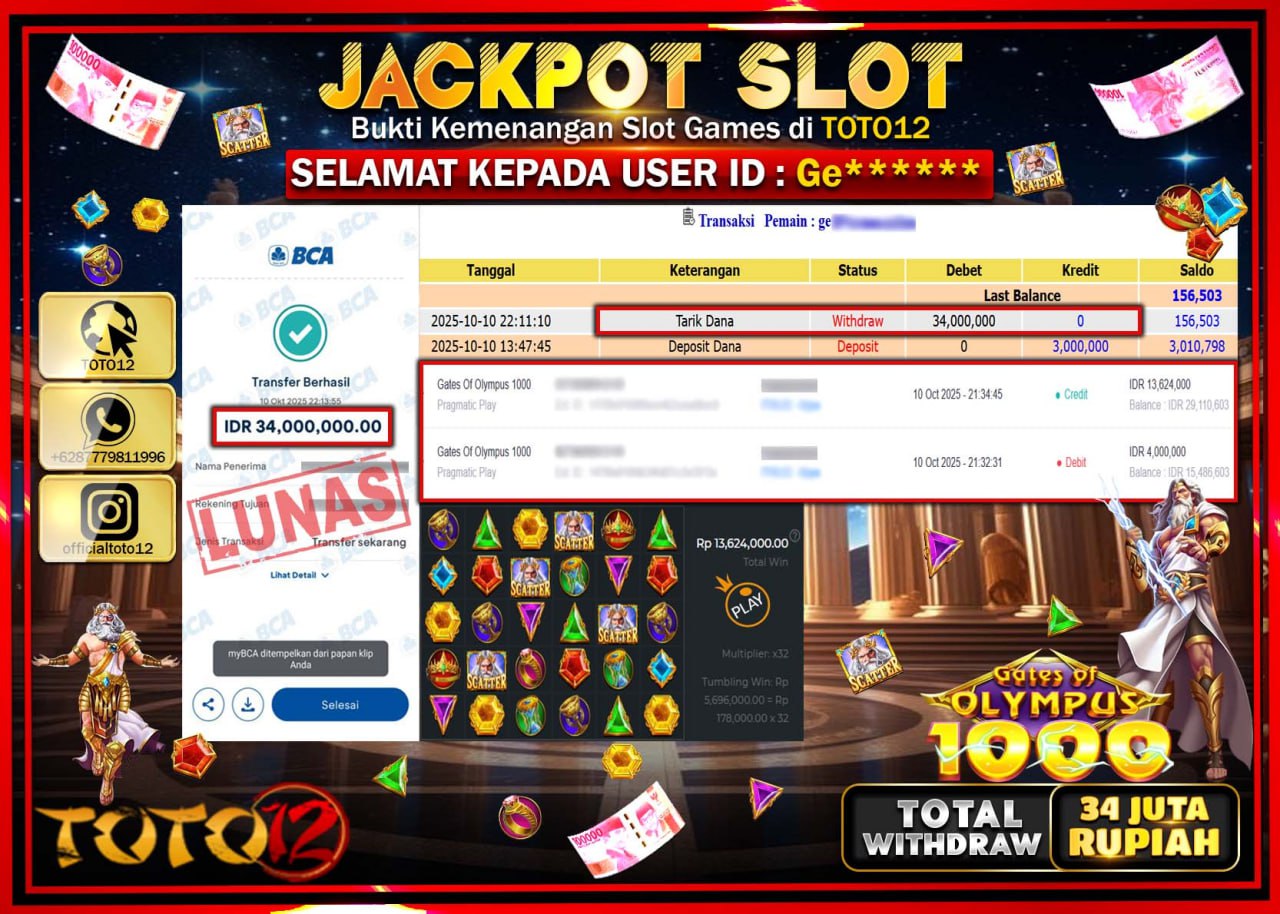 HANYA DI TOTO12 JP PASTI DI BAYAR LUNAS DAN CEPAT!!!!!! JACKPOT SLOT GAME (GATES OF OLYMPUS 1000) Rp.34.000.000 !!!!