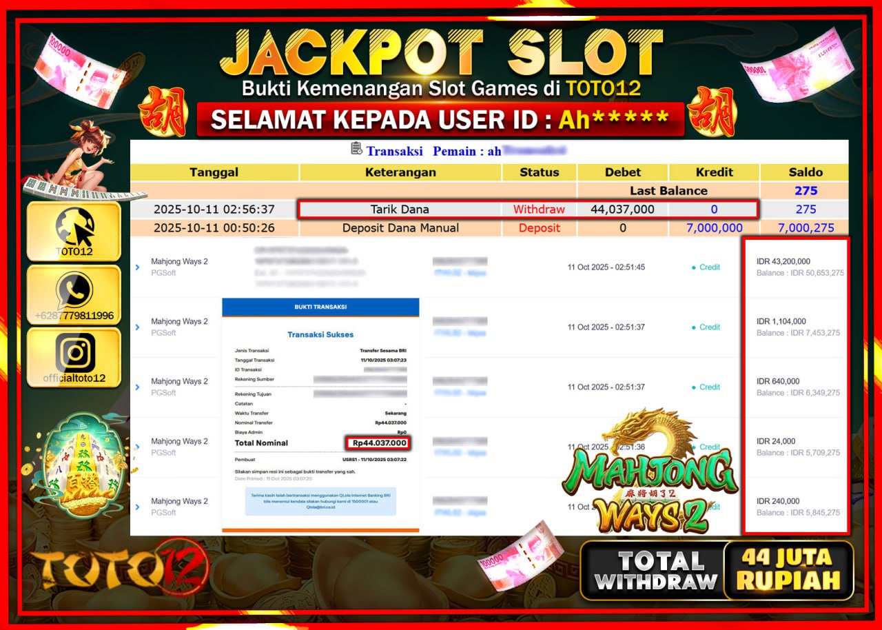 HANYA DI TOTO12 JP PASTI DI BAYAR LUNAS DAN CEPAT!!!!!! JACKPOT SLOT GAME (MAHJONG WAYS 2) Rp.44.037.000 !!!!