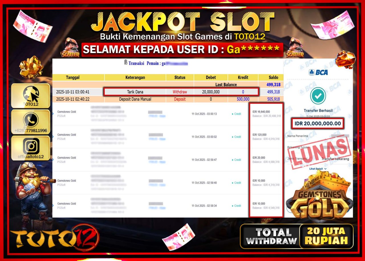 HANYA DI TOTO12 JP PASTI DI BAYAR LUNAS DAN CEPAT!!!!!! JACKPOT SLOT GAME (GEMSTONES GOLD) Rp.20.000.000 !!!!