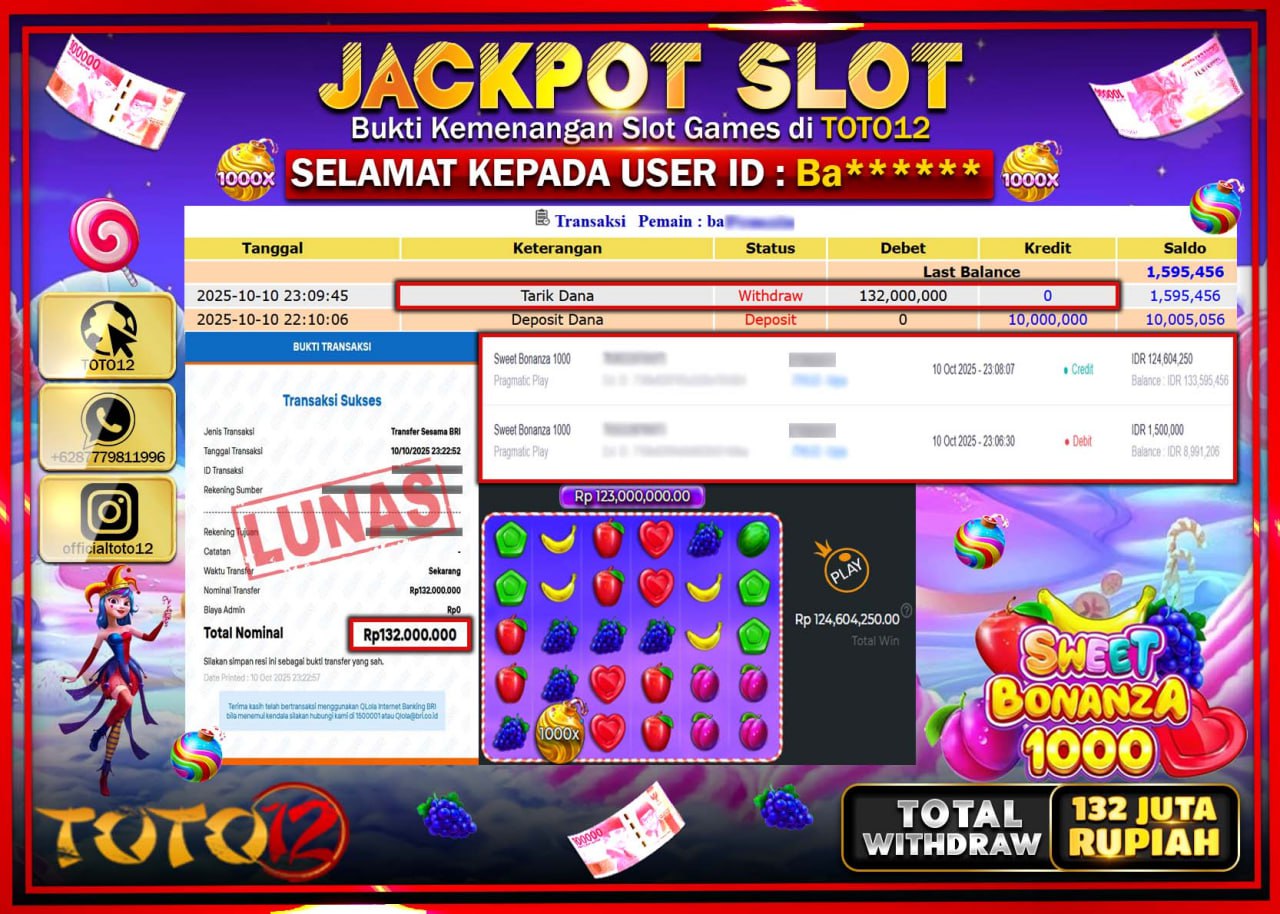 HANYA DI TOTO12 JP PASTI DI BAYAR LUNAS DAN CEPAT!!!!!! JACKPOT SLOT GAME (SWEET BONANZA 1000) Rp.132.000.000 !!!!