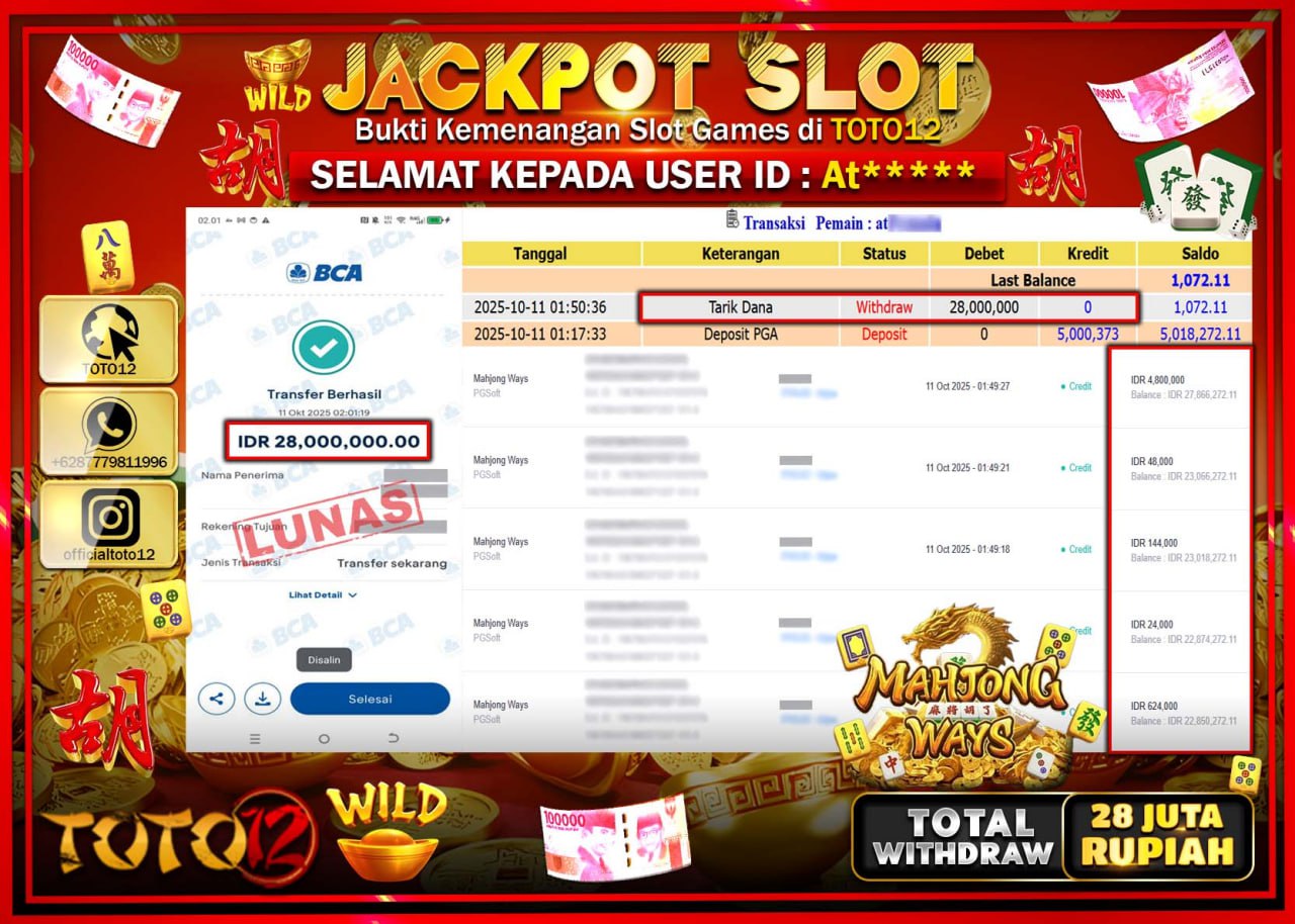 HANYA DI TOTO12 JP PASTI DI BAYAR LUNAS DAN CEPAT!!!!!! JACKPOT SLOT GAME (MAHJONG WAYS) Rp.28.000.000 !!!!