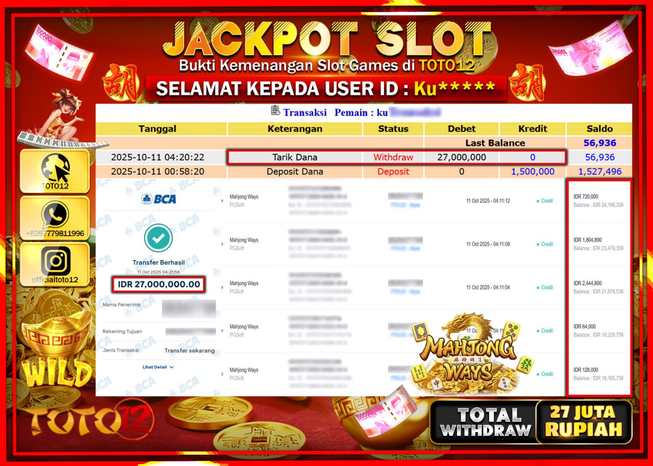 HANYA DI TOTO12 JP PASTI DI BAYAR LUNAS DAN CEPAT!!!!!! JACKPOT SLOT GAME (MAHJONG WAYS) Rp.27.000.000 !!!!