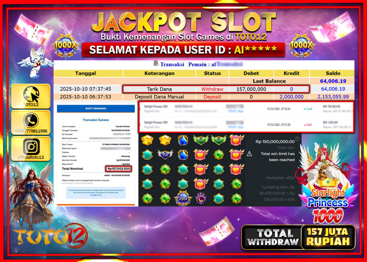 HANYA DI TOTO12 JP PASTI DI BAYAR LUNAS DAN CEPAT!!!!!! JACKPOT SLOT GAME (STARLIGHT PRINCESS 1000) Rp.157.000.000 !!!!