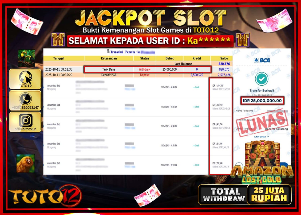 HANYA DI TOTO12 JP PASTI DI BAYAR LUNAS DAN CEPAT!!!!!! JACKPOT SLOT GAME (AMAZON LOST GOLD) Rp.25.000.000 !!!!
