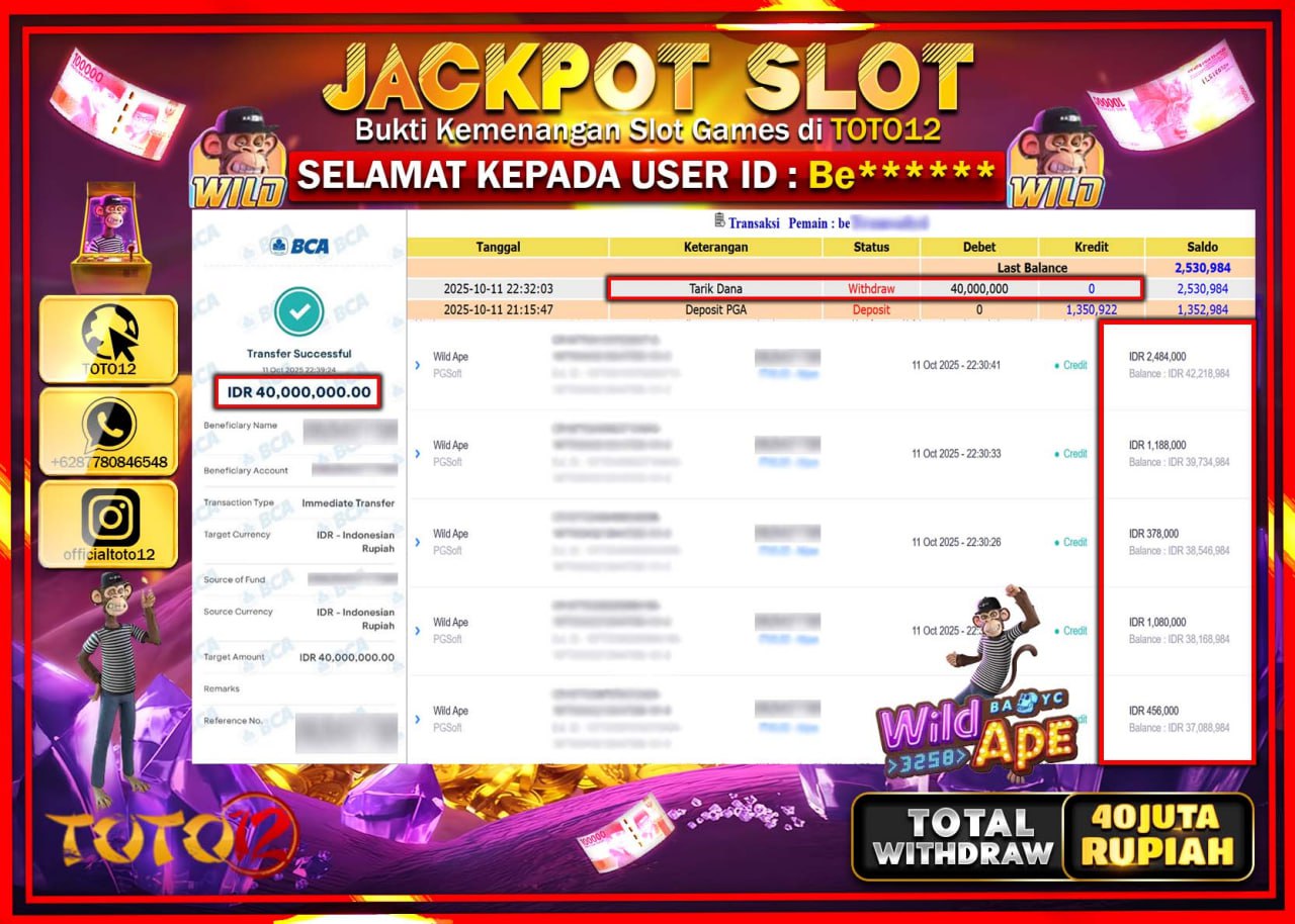 HANYA DI TOTO12 JP PASTI DI BAYAR LUNAS DAN CEPAT!!!!!! JACKPOT SLOT GAME (WILD APE) Rp.40.000.000 !!!!