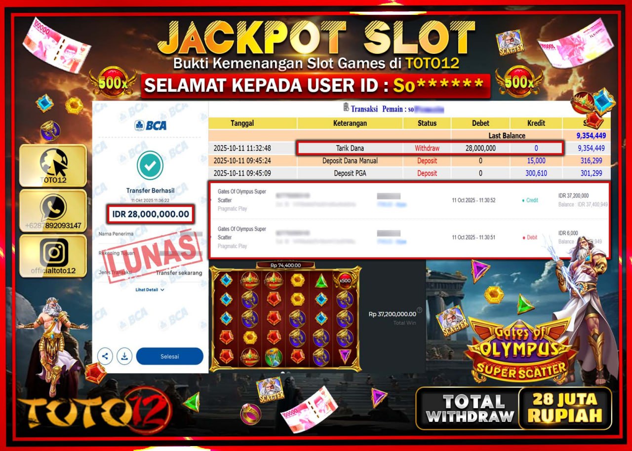 HANYA DI TOTO12 JP PASTI DI BAYAR LUNAS DAN CEPAT!!!!!! JACKPOT SLOT GAME (GATES OF OLYMPUS SUPER SCATTER) Rp.28.000.000 !!!!