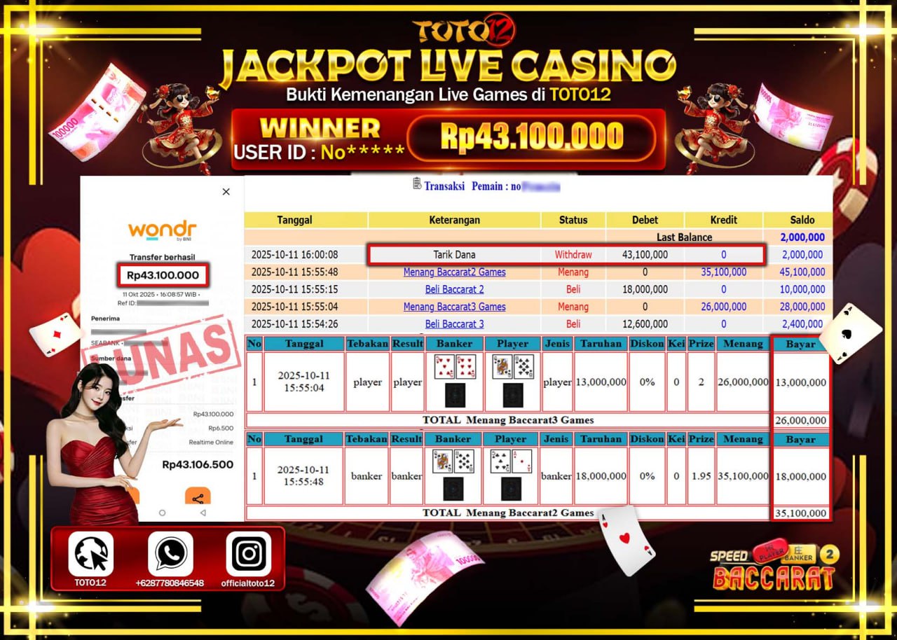HANYA DI TOTO12 JP PASTI DI BAYAR LUNAS DAN CEPAT!!!!!! JACKPOT LIVE CASINO (BACCARAT2 GAMES) Rp.43.100.000 !!!!