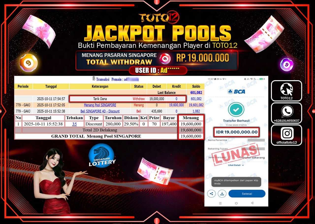 HANYA DI TOTO12 JP PASTI DI BAYAR LUNAS DAN CEPAT!!!!!! JACKPOT POOLS PASARAN (SINGAPORE) Rp.19.000.000 !!!!
