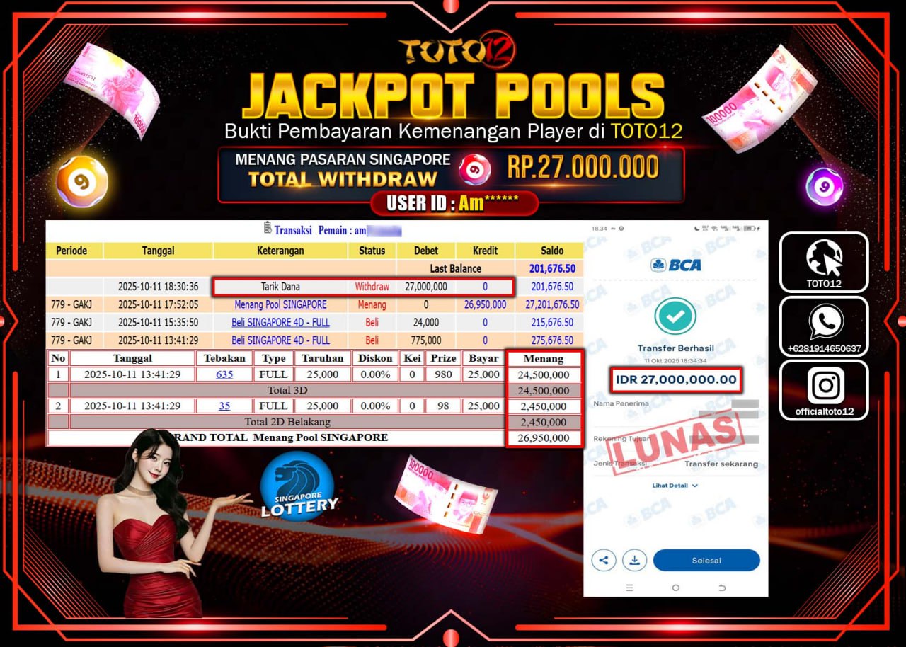 HANYA DI TOTO12 JP PASTI DI BAYAR LUNAS DAN CEPAT!!!!!! JACKPOT POOLS PASARAN (SINGAPORE) Rp.27.000.000 !!!!