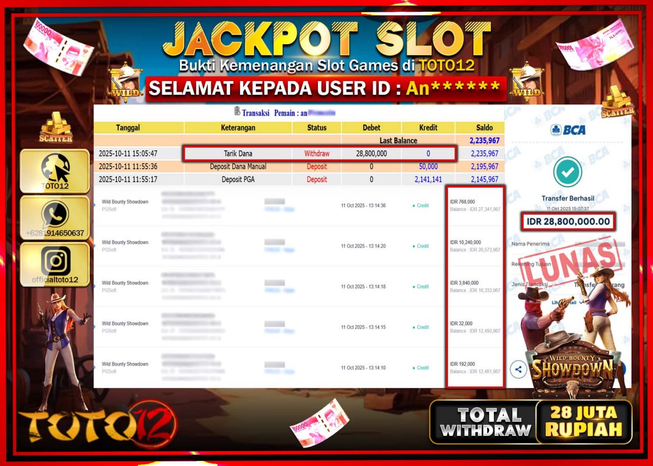 HANYA DI TOTO12 JP PASTI DI BAYAR LUNAS DAN CEPAT!!!!!! JACKPOT SLOT GAME (WILD BOUNTY SHOWDOWN) Rp.28.800.000 !!!!
