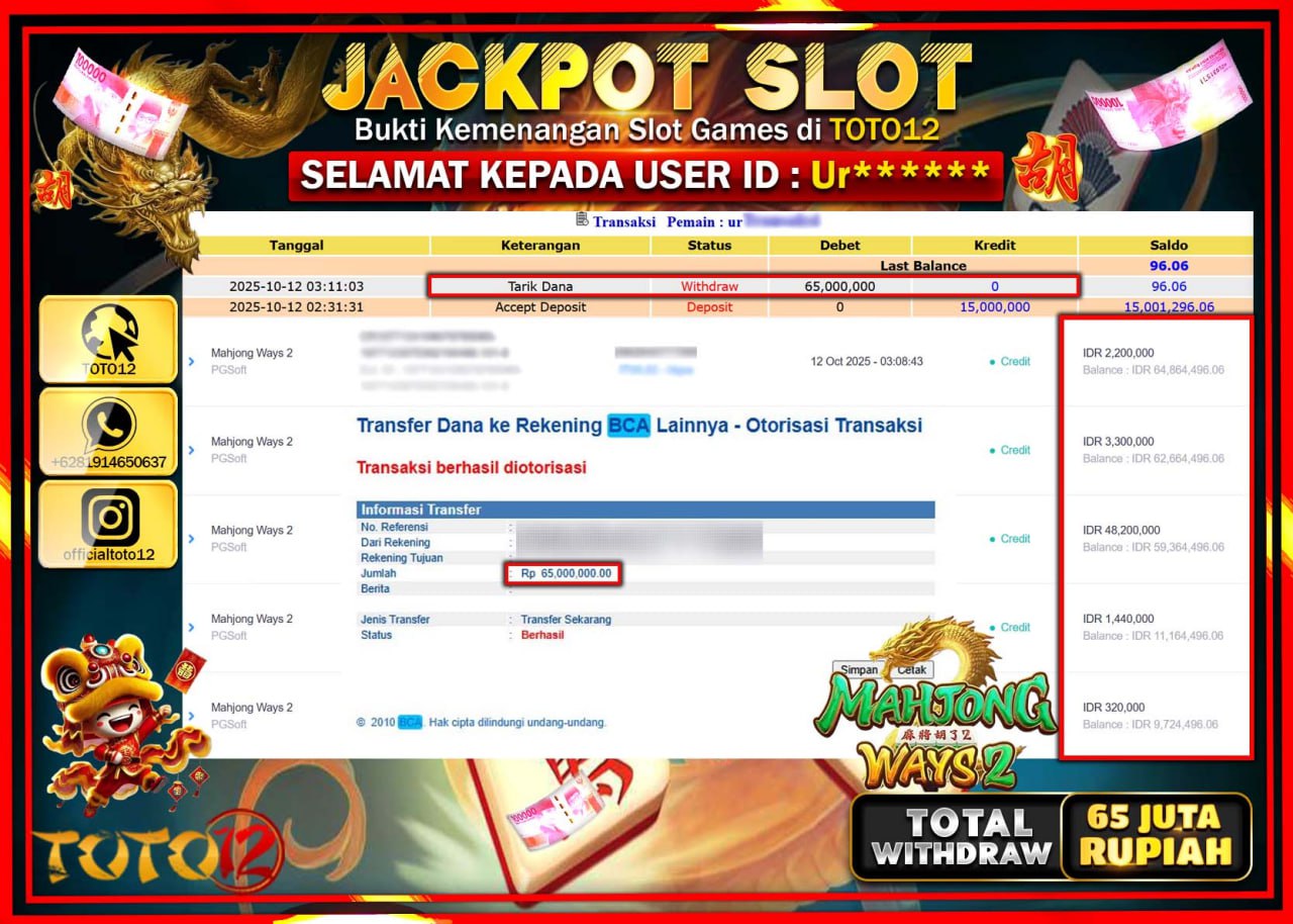 HANYA DI TOTO12 JP PASTI DI BAYAR LUNAS DAN CEPAT!!!!!! JACKPOT SLOT GAME (MAHJONG WAYS 2) Rp.65.000.000 !!!!