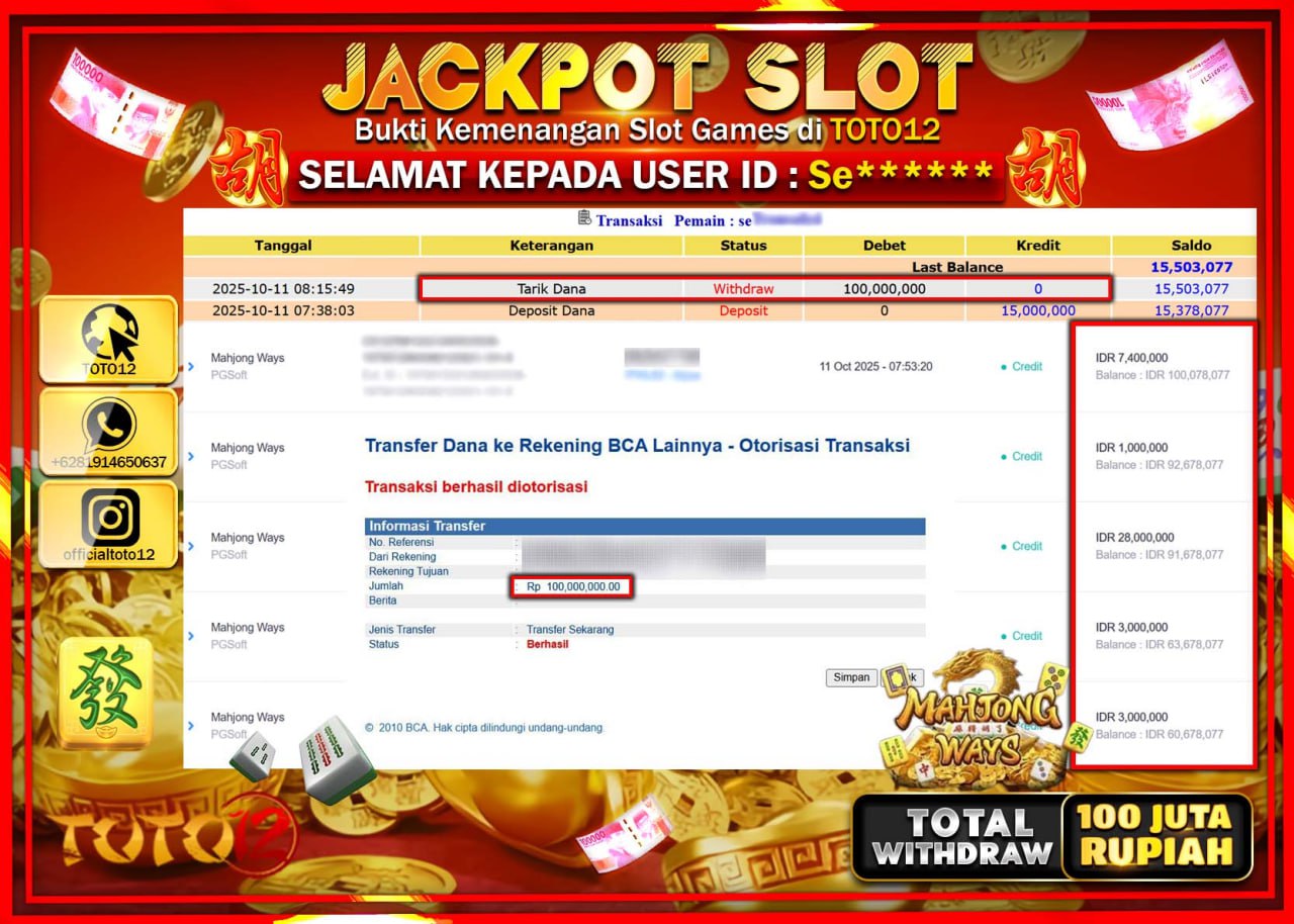HANYA DI TOTO12 JP PASTI DI BAYAR LUNAS DAN CEPAT!!!!!! JACKPOT SLOT GAME (MAHJONG WAYS) Rp.100.000.000 !!!!