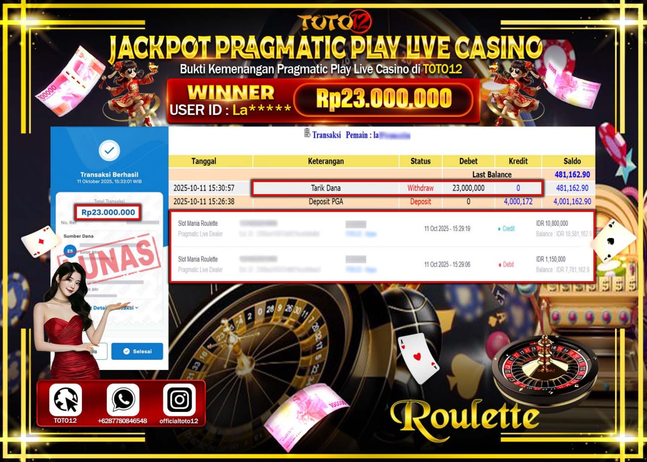 HANYA DI TOTO12 JP PASTI DI BAYAR LUNAS DAN CEPAT!!!!!! JACKPOT PRAGMATIC PLAY LIVE CASINO (ROULETTE) Rp.23.000.000 !!!!