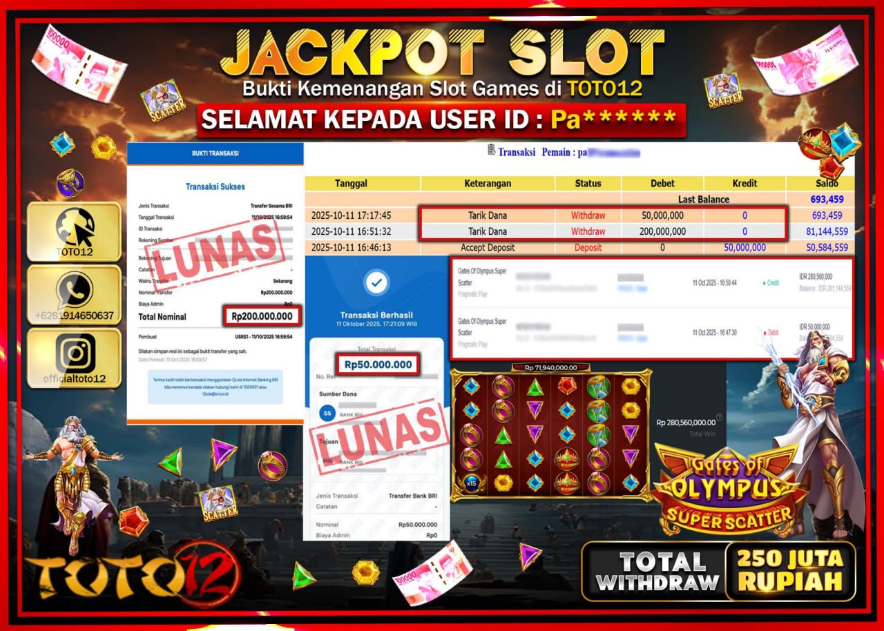 HANYA DI TOTO12 JP PASTI DI BAYAR LUNAS DAN CEPAT!!!!!! JACKPOT SLOT GAME (GATES OF OLYMPUS SUPER SCATTER) Rp.250.000.000 !!!!