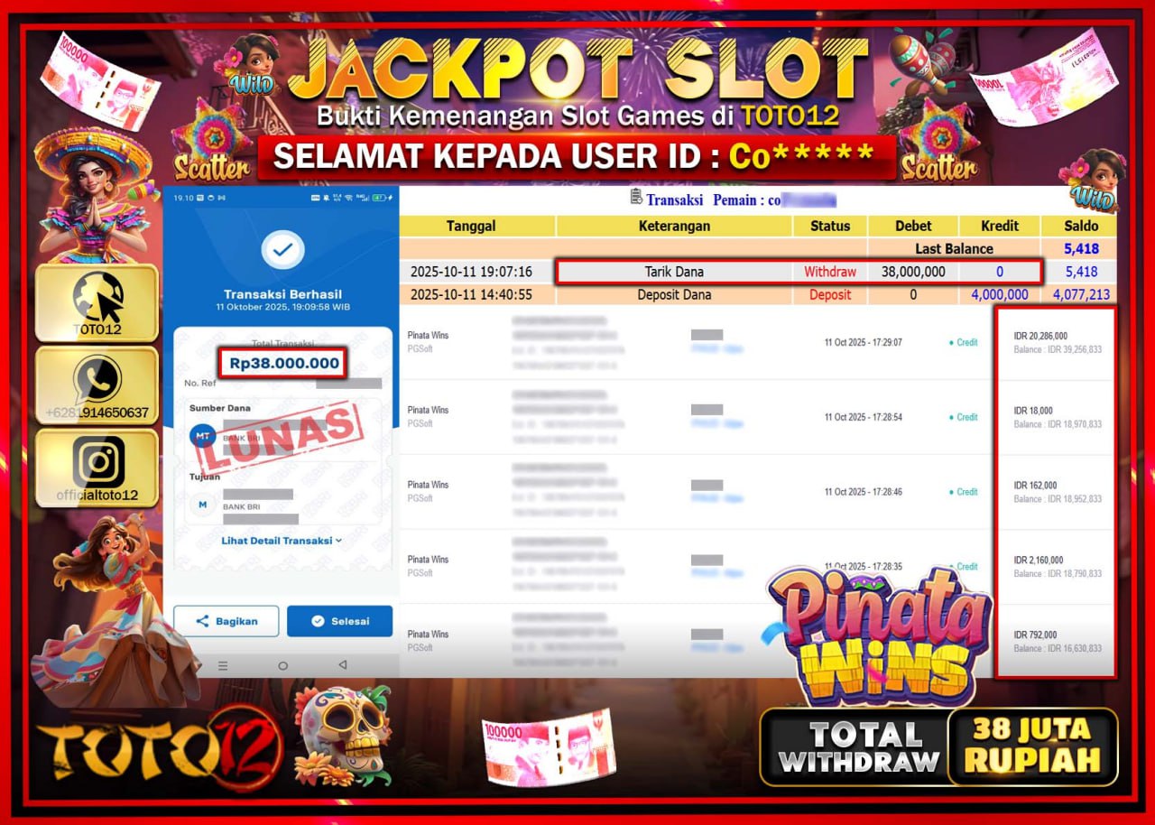 HANYA DI TOTO12 JP PASTI DI BAYAR LUNAS DAN CEPAT!!!!!! JACKPOT SLOT GAME (PINATA WINS) Rp.38.000.000 !!!!