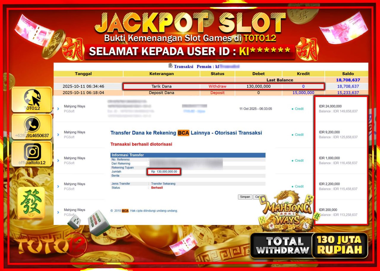 HANYA DI TOTO12 JP PASTI DI BAYAR LUNAS DAN CEPAT!!!!!! JACKPOT SLOT GAME (MAHJONG WAYS) Rp.130.000.000 !!!!