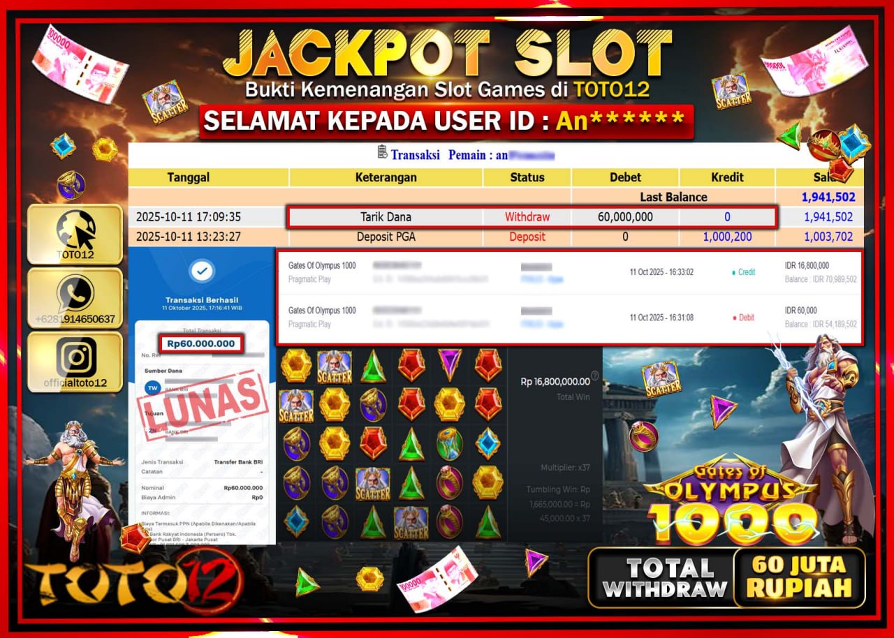 HANYA DI TOTO12 JP PASTI DI BAYAR LUNAS DAN CEPAT!!!!!! JACKPOT SLOT GAME (GATES OF OLYMPUS 1000) Rp.60.000.000 !!!!