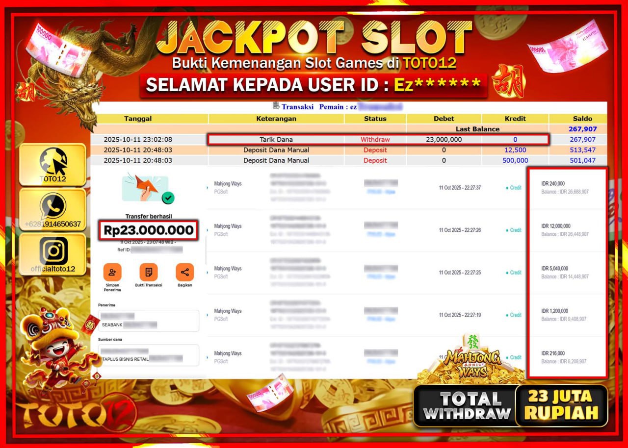 HANYA DI TOTO12 JP PASTI DI BAYAR LUNAS DAN CEPAT!!!!!! JACKPOT SLOT GAME (MAHJONG WAYS) Rp.23.000.000 !!!!