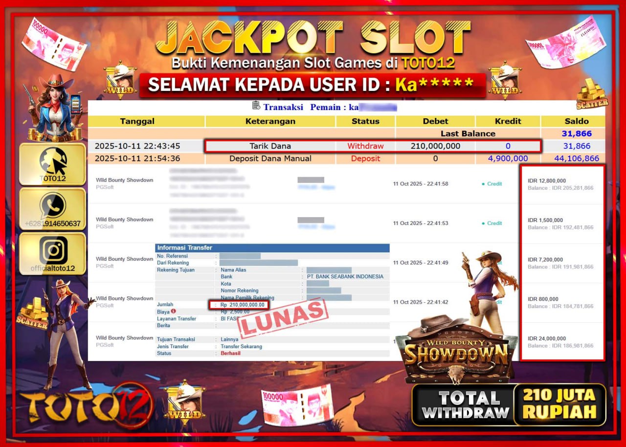HANYA DI TOTO12 JP PASTI DI BAYAR LUNAS DAN CEPAT!!!!!! JACKPOT SLOT GAME (WILD BOUNTY SHOWDOWN) Rp.210.000.000 !!!!