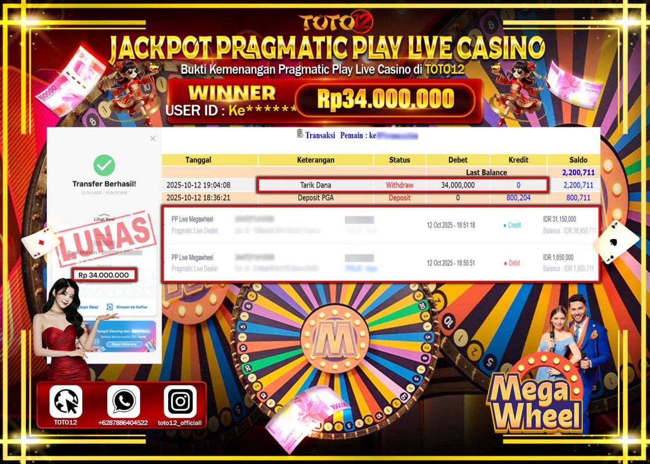 HANYA DI TOTO12 JP PASTI DI BAYAR LUNAS DAN CEPAT!!!!!! JACKPOT PRAGMATIC PLAY LIVE CASINO (MEGA WHEEL) Rp.34.000.000 !!!!