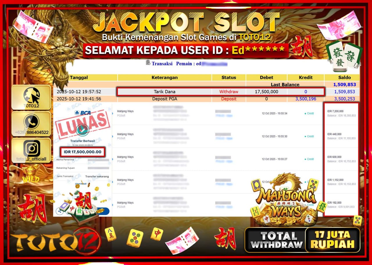 HANYA DI TOTO12 JP PASTI DI BAYAR LUNAS DAN CEPAT!!!!!! JACKPOT SLOT GAME (MAHJONG WAYS) Rp.17.500.000 !!!!