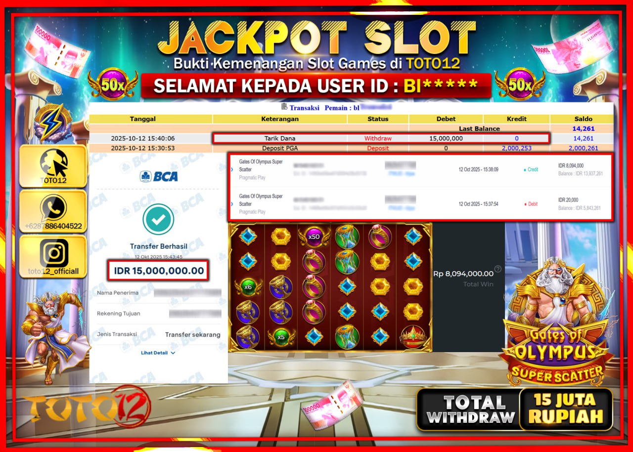HANYA DI TOTO12 JP PASTI DI BAYAR LUNAS DAN CEPAT!!!!!! JACKPOT SLOT GAME (GATES OF OLYMPUS SUPER SCATTER) Rp.15.000.000 !!!!