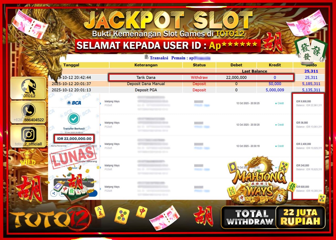 HANYA DI TOTO12 JP PASTI DI BAYAR LUNAS DAN CEPAT!!!!!! JACKPOT SLOT GAME (MAHJONG WAYS) Rp.22.000.000 !!!!