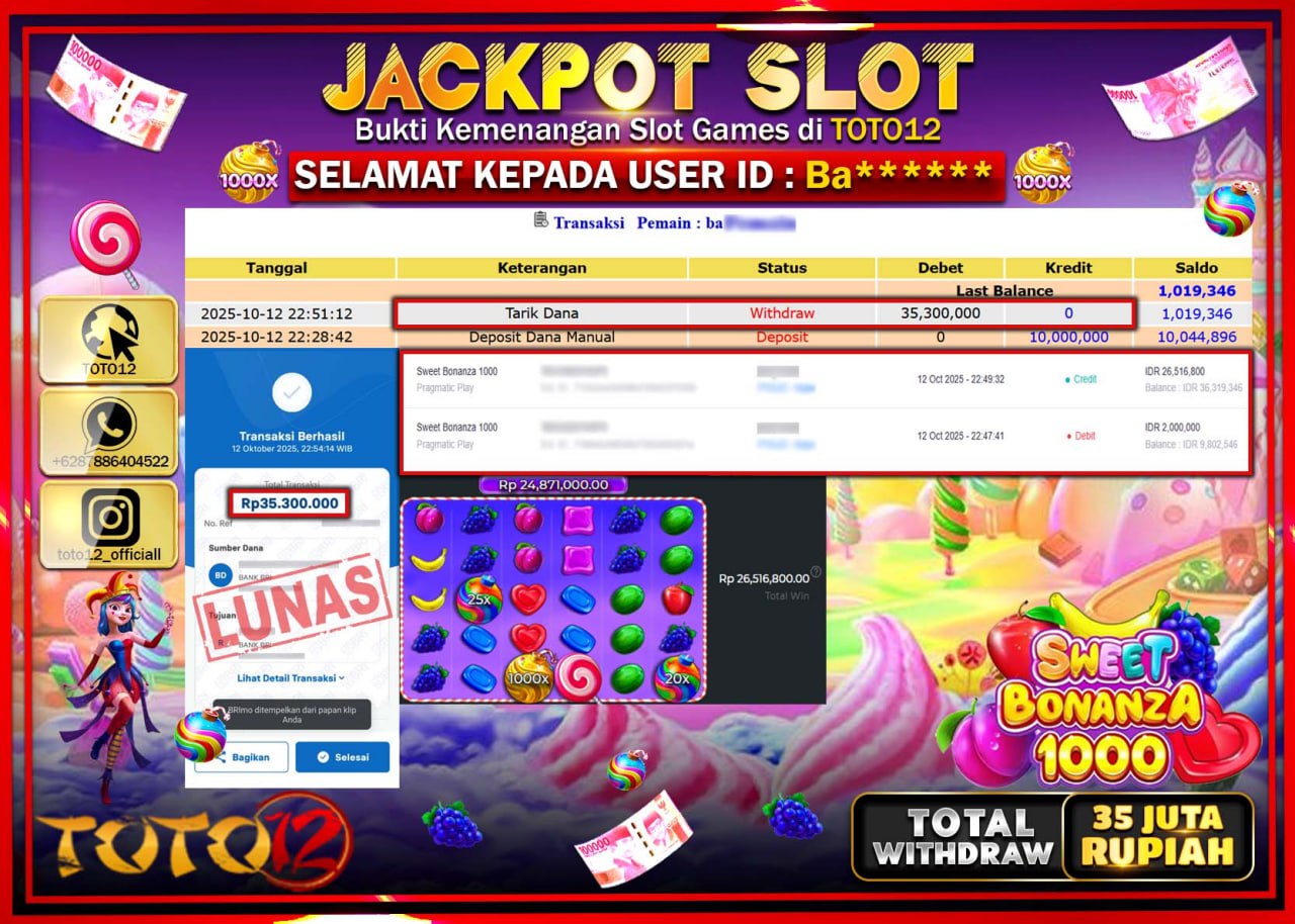 HANYA DI TOTO12 JP PASTI DI BAYAR LUNAS DAN CEPAT!!!!!! JACKPOT SLOT GAME (SWEET BONANZA 1000) Rp.35.300.000 !!!!
