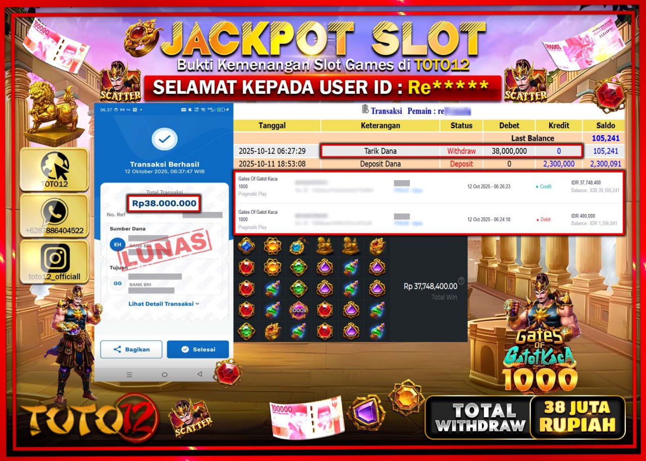 HANYA DI TOTO12 JP PASTI DI BAYAR LUNAS DAN CEPAT!!!!!! JACKPOT SLOT GAME (GATES OF GATOT KACA 1000) Rp.38.000.000 !!!!