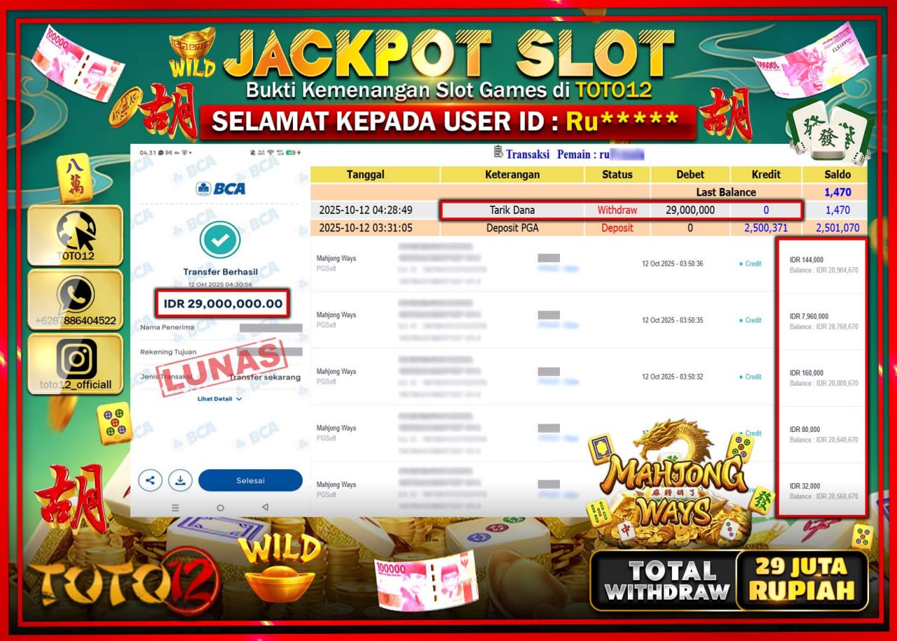 HANYA DI TOTO12 JP PASTI DI BAYAR LUNAS DAN CEPAT!!!!!! JACKPOT SLOT GAME (MAHJONG WAYS) Rp.29.000.000 !!!!