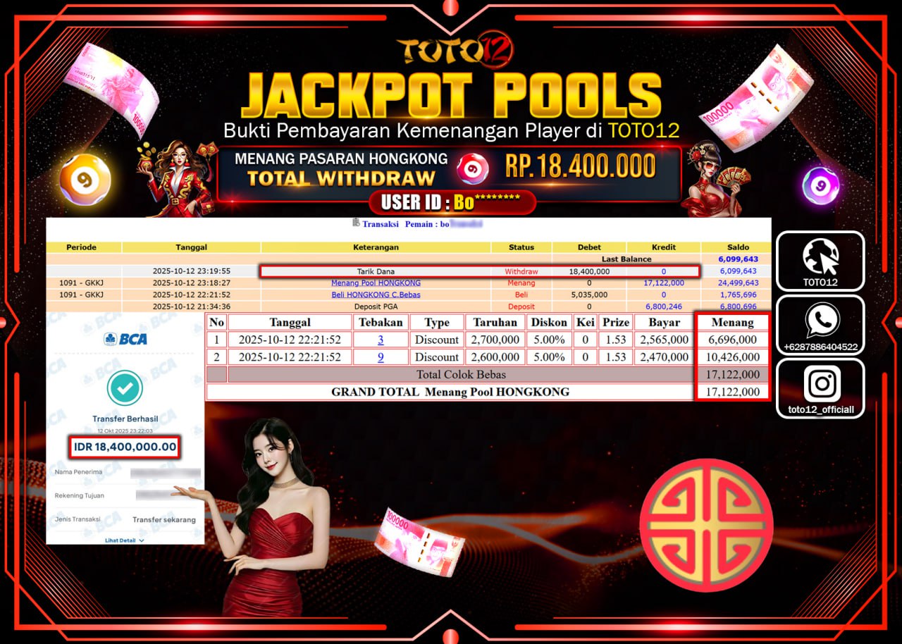 HANYA DI TOTO12 JP PASTI DI BAYAR LUNAS DAN CEPAT!!!!!! JACKPOT POOLS PASARAN (HONGKONG) Rp.18.400.000 !!!!