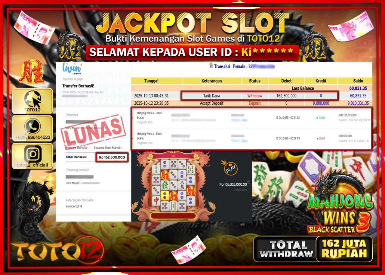 HANYA DI TOTO12 JP PASTI DI BAYAR LUNAS DAN CEPAT!!!!!! JACKPOT SLOT GAME (MAHJONG WINS 3 BLACK SCATTER) Rp.162.500.000 !!!!