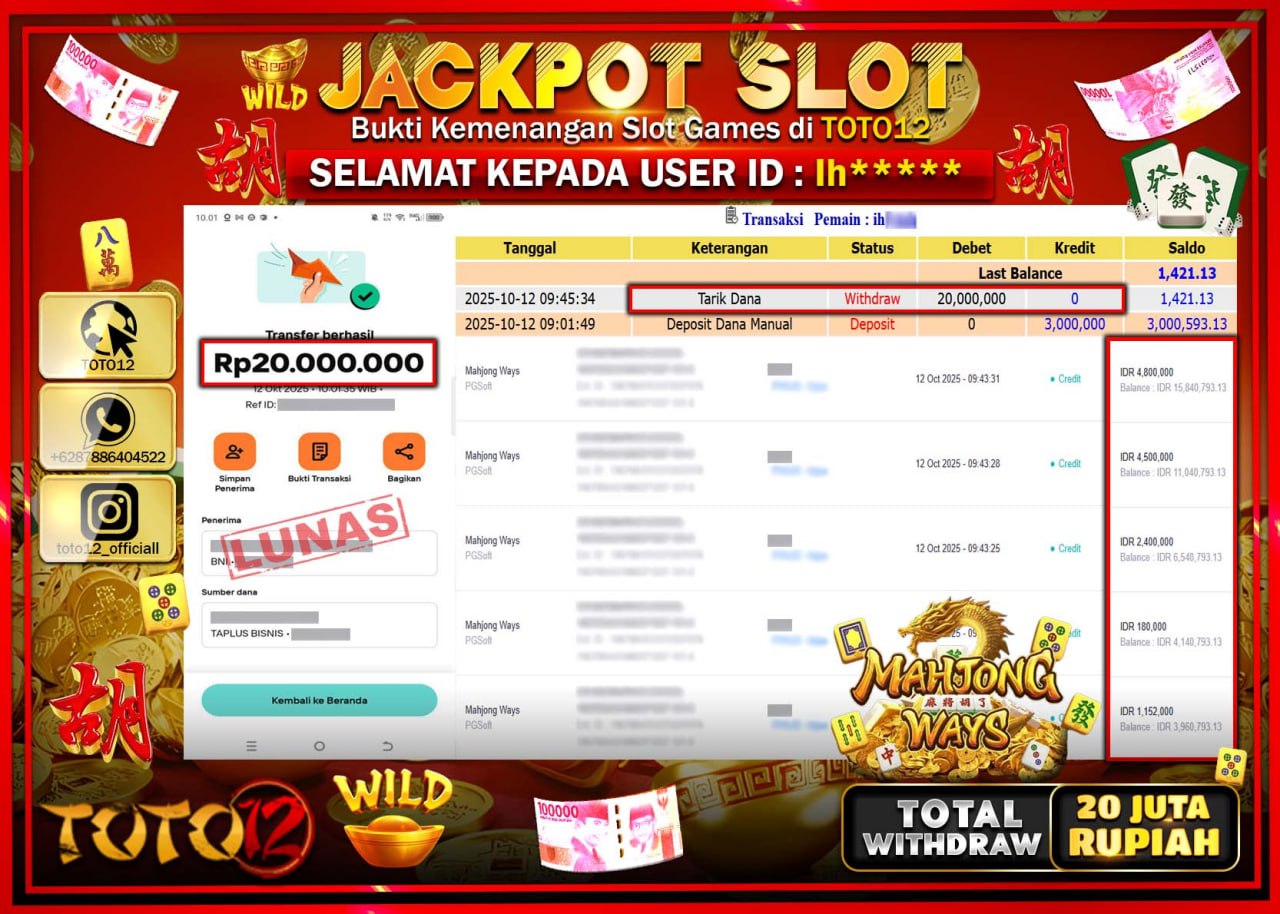 HANYA DI TOTO12 JP PASTI DI BAYAR LUNAS DAN CEPAT!!!!!! JACKPOT SLOT GAME (MAHJONG WAYS) Rp.20.000.000 !!!!