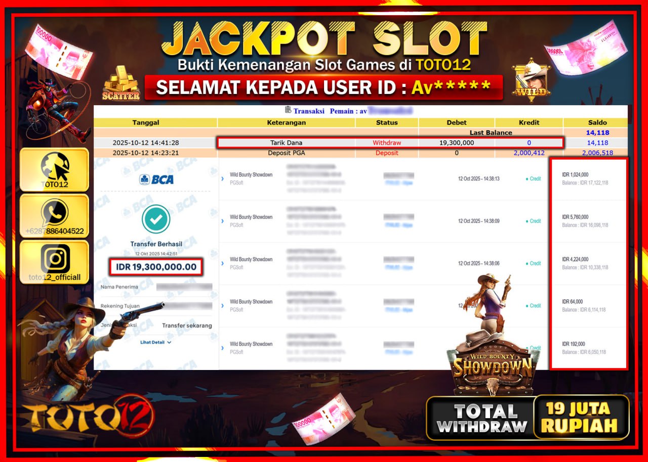 HANYA DI TOTO12 JP PASTI DI BAYAR LUNAS DAN CEPAT!!!!!! JACKPOT SLOT GAME (WILD BOUNTY SHOWDOWN) Rp.19.300.000 !!!!