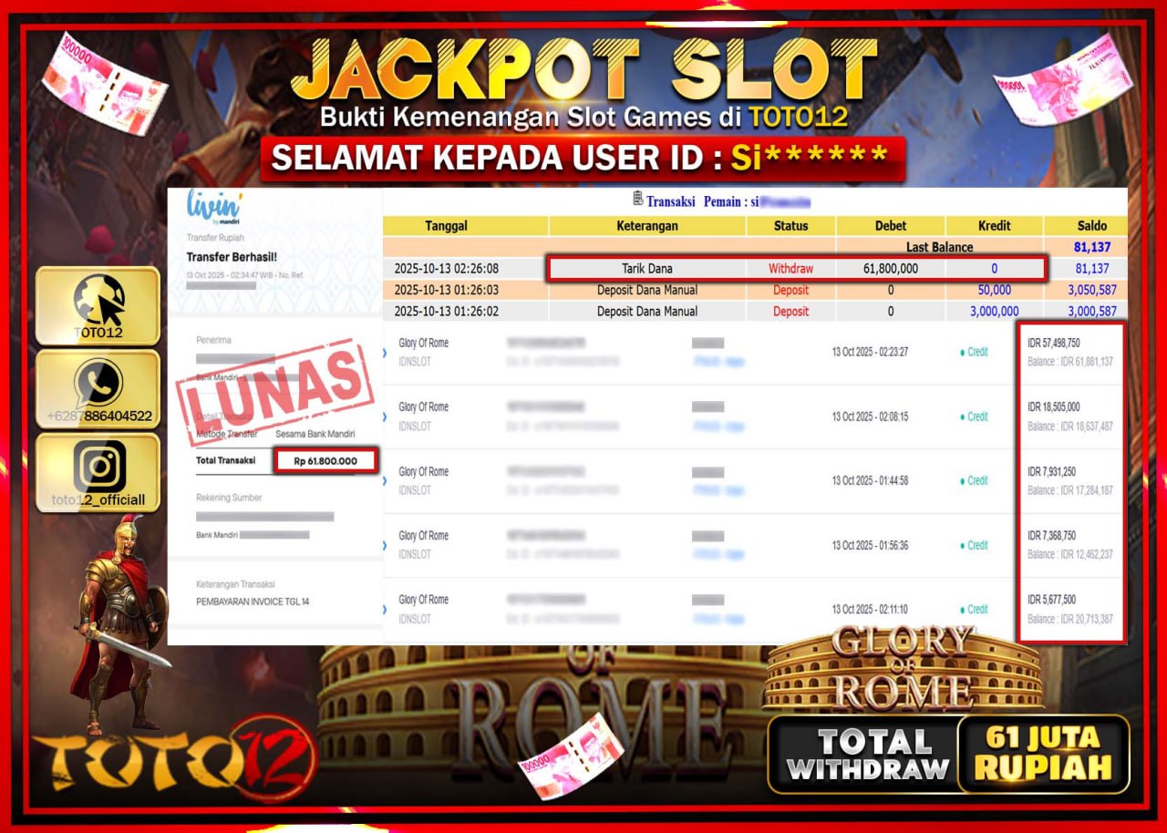 HANYA DI TOTO12 JP PASTI DI BAYAR LUNAS DAN CEPAT!!!!!! JACKPOT SLOT GAME (GLORY OF ROME) Rp.61.800.000 !!!!