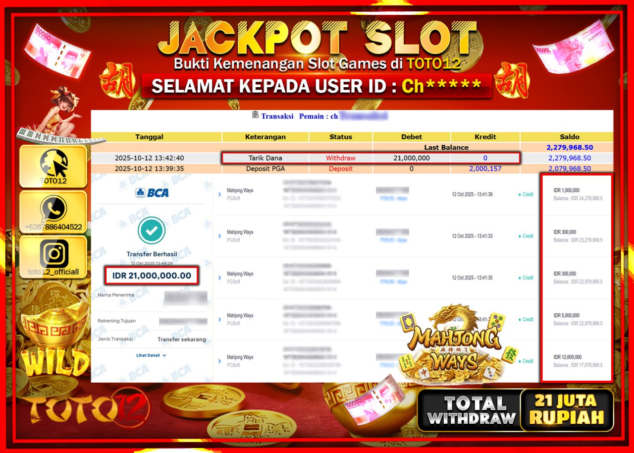HANYA DI TOTO12 JP PASTI DI BAYAR LUNAS DAN CEPAT!!!!!! JACKPOT SLOT GAME (MAHJONG WAYS) Rp.21.000.000 !!!!