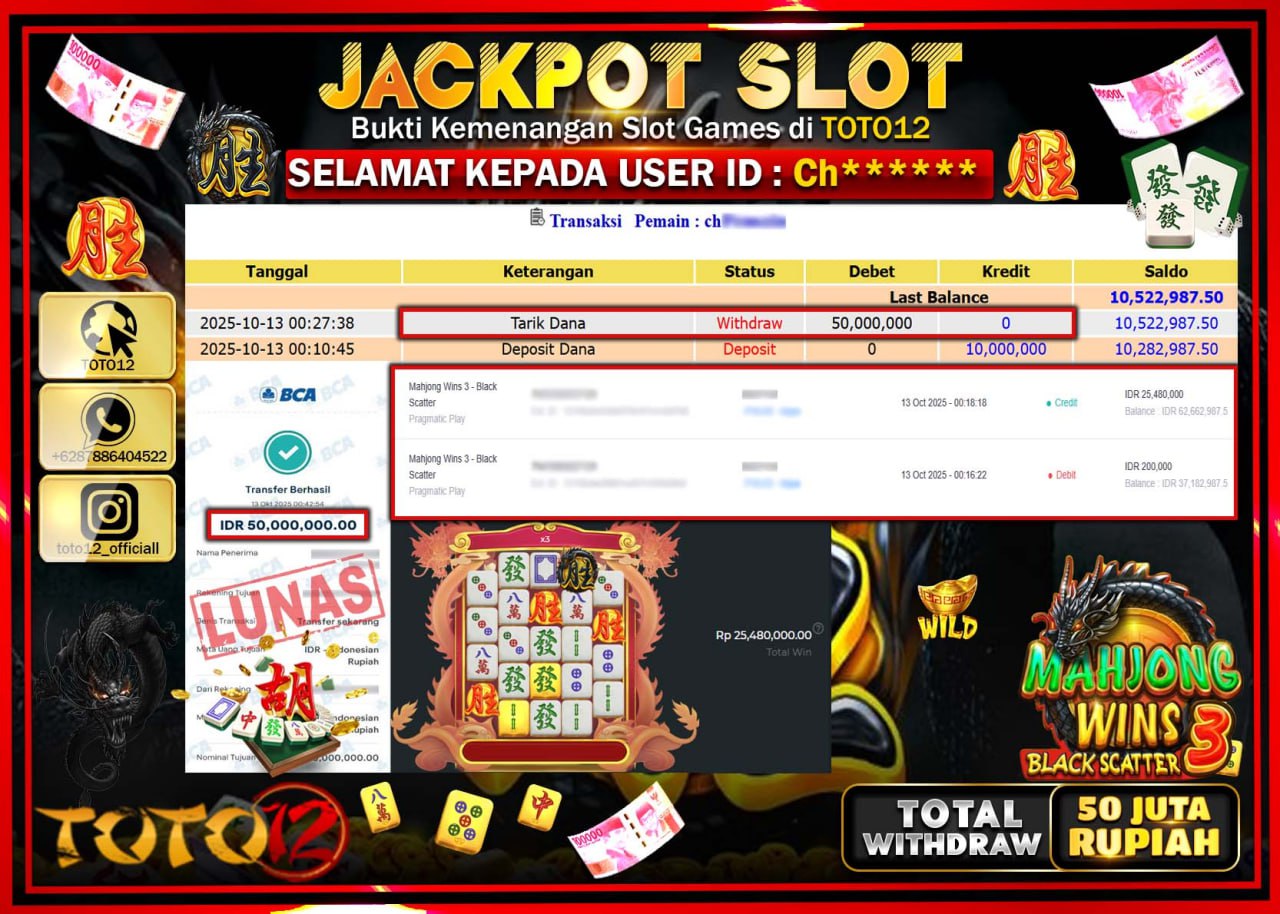 HANYA DI TOTO12 JP PASTI DI BAYAR LUNAS DAN CEPAT!!!!!! JACKPOT SLOT GAME (MAHJONG WINS 3 BLACK SCATTER) Rp.50.000.000 !!!!