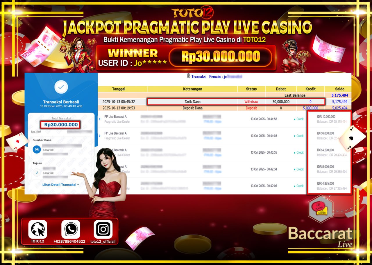 HANYA DI TOTO12 JP PASTI DI BAYAR LUNAS DAN CEPAT!!!!!! JACKPOT PRAGMATIC PLAY LIVE CASINO (BACCARAT) Rp.30.000.000 !!!!