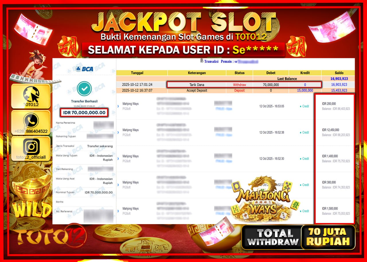 HANYA DI TOTO12 JP PASTI DI BAYAR LUNAS DAN CEPAT!!!!!! JACKPOT SLOT GAME (MAHJONG WAYS) Rp.70.000.000 !!!!