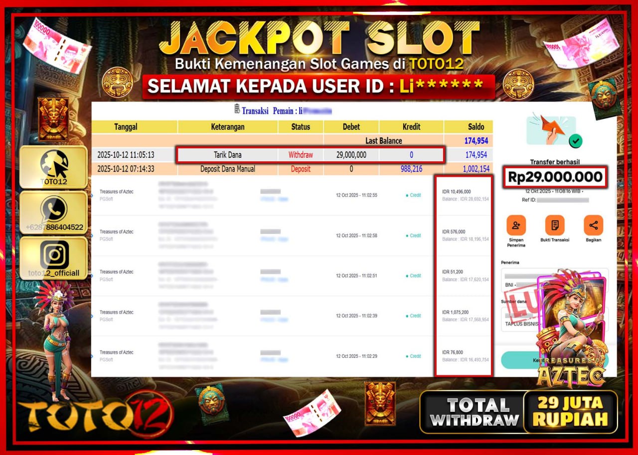 HANYA DI TOTO12 JP PASTI DI BAYAR LUNAS DAN CEPAT!!!!!! JACKPOT SLOT GAME (TREASURES OF AZTEC) Rp.29.000.000 !!!!