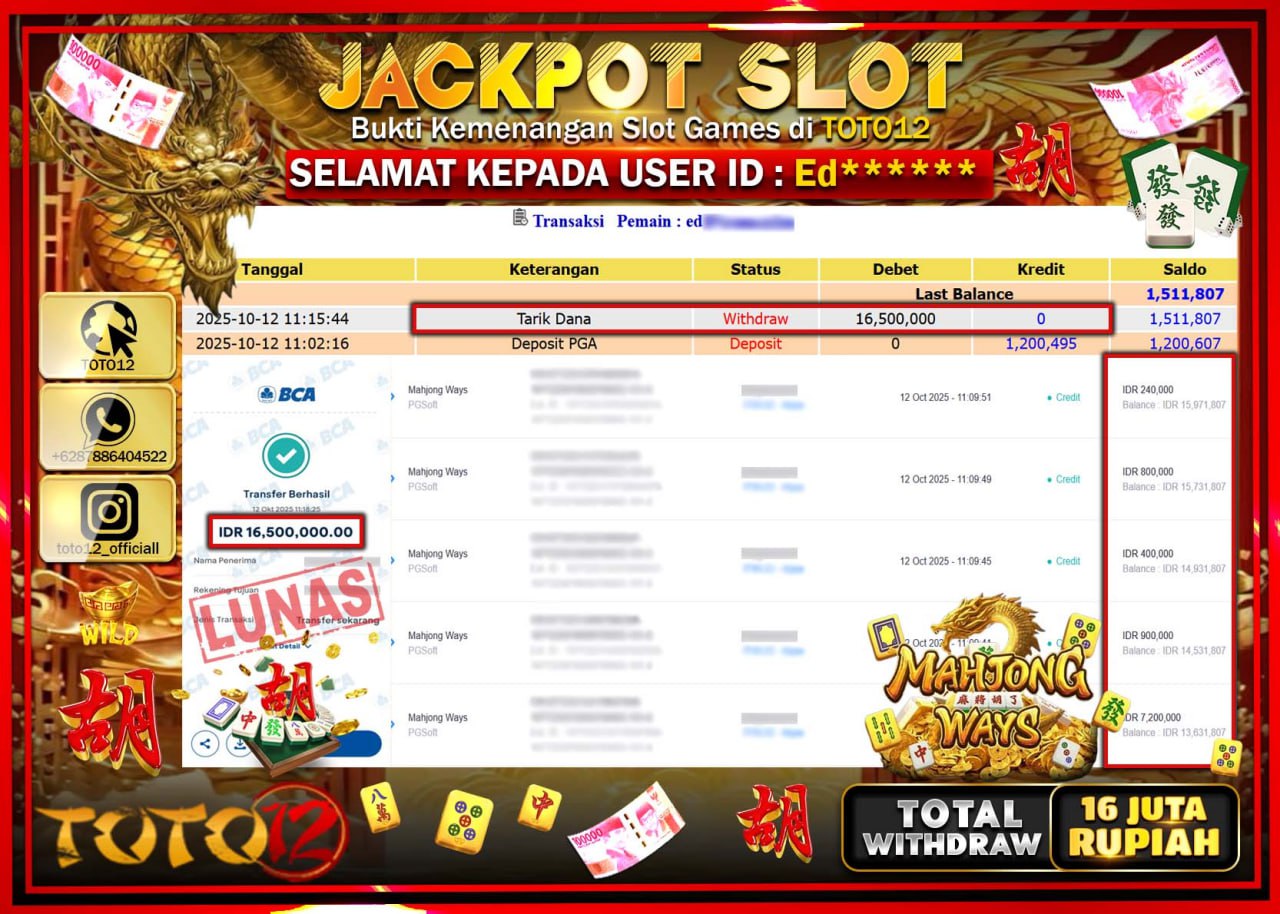 HANYA DI TOTO12 JP PASTI DI BAYAR LUNAS DAN CEPAT!!!!!! JACKPOT SLOT GAME (MAHJONG WAYS) Rp.16.500.000 !!!!